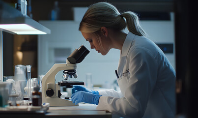 Wall Mural - a team of scientists is observing experimental specimens and data in the laboratory, microscope obse