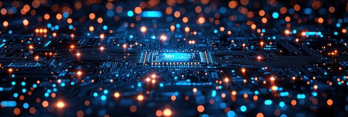 Poster - Illuminated Circuit Board with a Glowing Central Processor