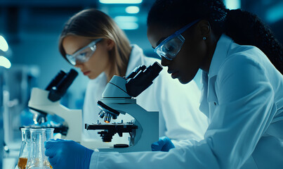 Wall Mural - a team of scientists is observing experimental specimens and data in the laboratory, microscope obse