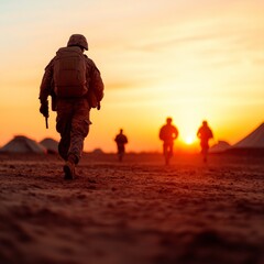 Soldiers walking towards a sunset in a desert landscape.