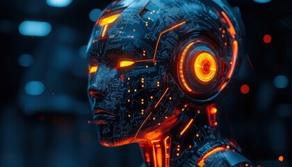 Poster - Close-up of a Futuristic Cyborg's Head with Glowing Orange Circuits