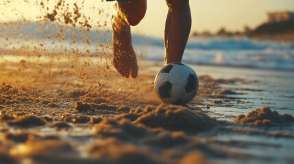 Friends playing football on beach at sunset, closeup