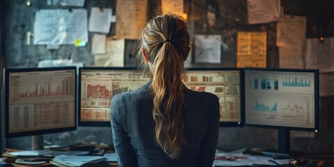 Fototapete - Woman Analyzing Data on Multiple Computer Screens