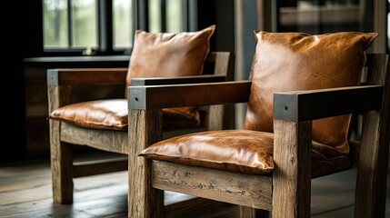 Two Rustic Leather Chairs with Wooden Frames