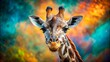 © PloyJai - A close-up portrait of a giraffe with its head tilted and a curious expression, showcasing its unique patterns and large, expressive eyes, against a backdrop of vibrant and blurred colors.