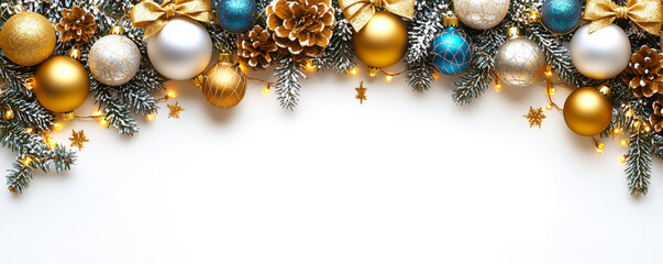 Joyful Christmas border with colorful ornaments, including gold, silver, and blue baubles, pine cones, and festive lights, creating cheerful holiday atmosphere