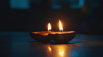 Wall Mural - Brightly lit oil lamps during Diwali celebration in the evening, symbolizing hope and joy