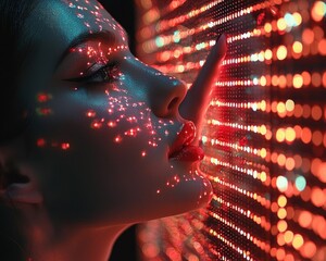 Poster - Close-up of a Woman's Face with Red and Blue Lights Reflecting on Her Skin