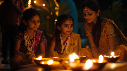 Wall Mural - Children celebrating Diwali by lighting diyas and enjoying the festive atmosphere at home