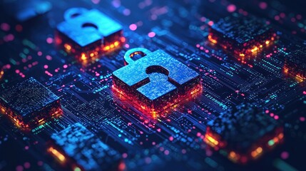 Aufkleber - Glowing Cyber Security Lock Icons on Circuit Board