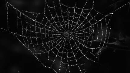 Poster - Detailed Spider Web with Dewdrops in Black and White