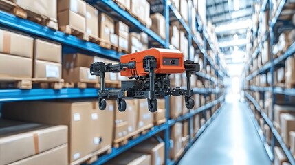 Poster - Red and Black Drone Flying in a Warehouse with Shelves of Cardboard Boxes