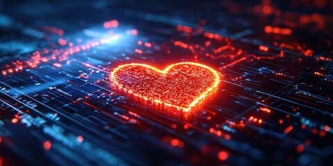 Poster - A glowing red heart shape on a digital circuit board