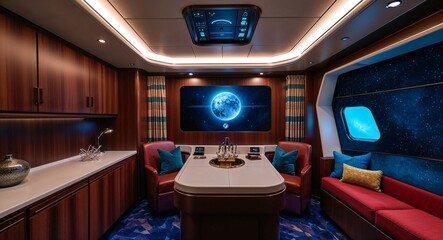 Customizable personal cabins with adaptive technology and virtual decor background unique spaces reflecting individual crew members' preferences and personalities