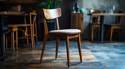 Wall Mural - A Wooden Chair with a White Padded Seat in a Restaurant Setting