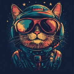 Poster - A cool cat astronaut with sunglasses and a helmet against a starry sky background.