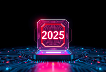 A computer chip with the number 2025 on it. The image is a red neon
