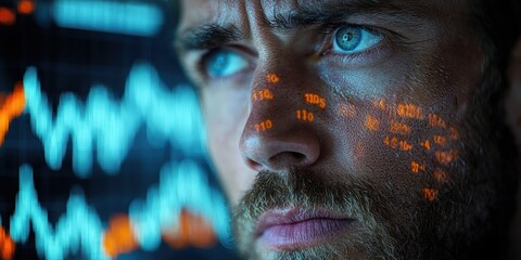 Aufkleber - Close-up of a Man's Face Overlaid with Data and Graphs