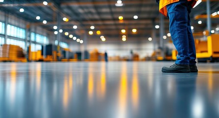 Worker standing in a spacious warehouse with blurred background and industrial ambiance.