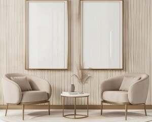 Modern and elegant living room interior with two armchairs and a coffee table on a beige background. Blank vertical poster frame mockups on the wall.