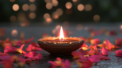 Wall Mural - Festive oil lamp illuminated among colorful flower petals during Diwali celebration at night