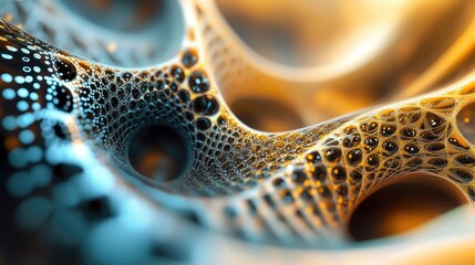 Abstract Macro Photography of a Golden, Web-Like Structure with Circular Openings