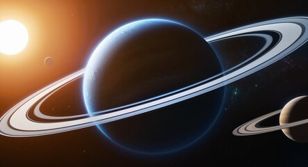 Poster - Planetary rings surrounding a giant gas planet illuminated by distant suns background captivating visuals showcasing the beauty of celestial mechanics