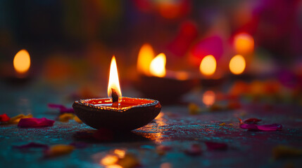 Wall Mural - Celebrating Diwali with traditional oil lamps and vibrant flower petals in the evening glow