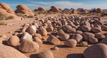 Wall Mural - Scattered boulders creating a natural maze in the arid landscape background unique formations inviting exploration and adventure in the desert