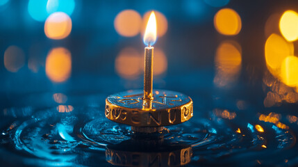 Wall Mural - A beautiful Diwali diya floating on water, illuminated against a festive backdrop at night