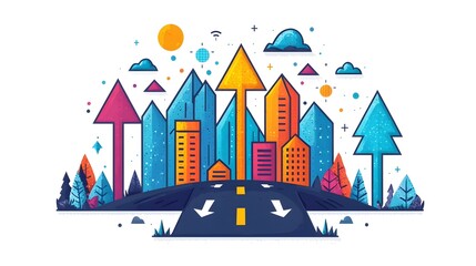 Poster - Flat design of a roadmap with arrows pointing forward symbolizing the concept of planning guidance and direction towards success and growth