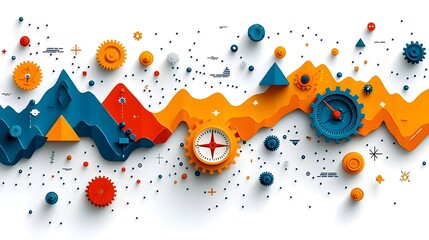 Poster - of a path with a compass and gears symbolizing the concept of detailed planning and guided execution for strategy business or industry