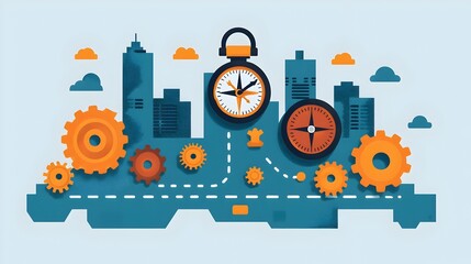 Poster - Detailed Planning and Guided Execution Concept Illustrated with a Path Compass and Gears on a Clean White Background Symbolizing Strategy Direction and Technological for Business Finance or Innovation