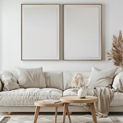 Two blank frames mockup on a white wall above a white sofa with cushions in a minimalist living room interior. 3D rendering.