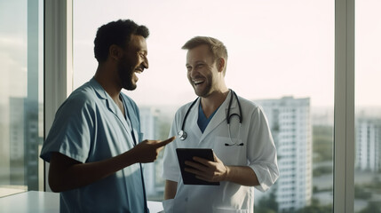 A male nurse wearing scrubs is laughing while showing something on an iPad to his doctor friend in a white coat, both standing in front of the window of a modern hospital with a city view.