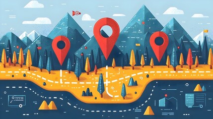 Poster - Dotted Line Path on Minimalist Map Representing Planned Steps and Guidance for Strategic Planning Journey Visualization or Wayfinding Concept