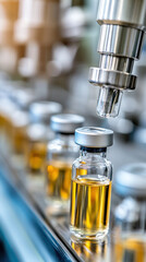 Poster - A bottle of medicine is being filled with a clear liquid. The bottle is being filled with a clear liquid, and it is being done in a factory setting