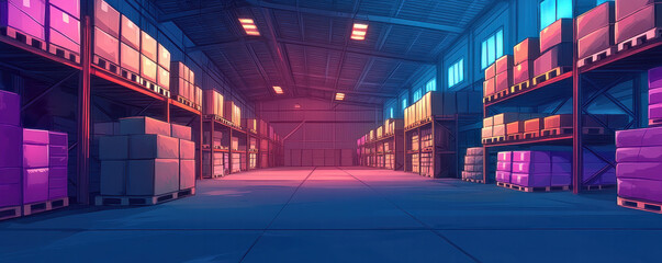 Poster - A warehouse with many boxes and pallets. The boxes are stacked on top of each other and the pallets are on the floor. The warehouse is empty and the boxes are not being used