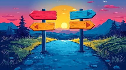 Poster - Flat design of a path with multiple signposts representing the concept of strategic planning guidance and decision making  The image conveys a minimalist abstract