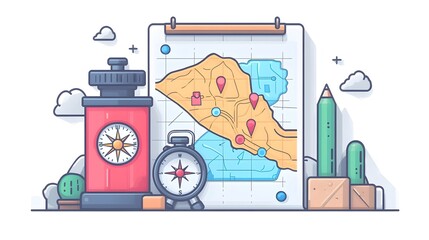 Poster - Flat Design of a Compass on a Roadmap Visualizing Direction Navigation and Strategic Planning for Decision Making