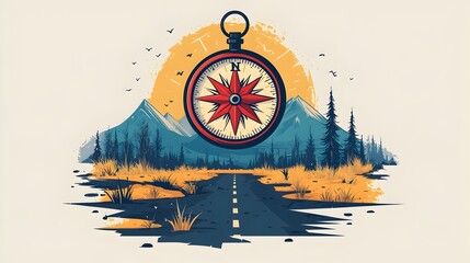 Poster - Compass on a Roadmap Visualizing Direction and Planning in Flat Design This image depicts a compass icon placed on a map or roadmap symbolizing the concept of navigation guidance