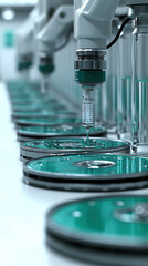 Poster - A series of green and white objects with a needle in the middle. The objects are in a row and appear to be in a factory setting