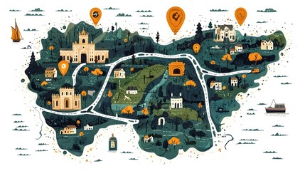 Poster - Detailed flat design of a map with highlighted routes providing clear guidance and planning for navigation  The image showcases an isolated white background with a comprehensive overview of routes
