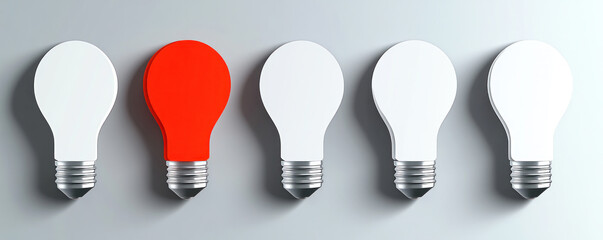 Poster - A row of five light bulbs, one of which is red. The red bulb is the only one lit up, and it stands out against the other four white bulbs. Concept of focus and importance on the single red light