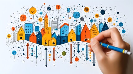 Poster - hand drawing arrows on a roadmap for strategic vision and planning concept in flat design creative v
