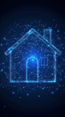 Poster - A house made of blue lines and stars. The house is lit up and has a glowing door