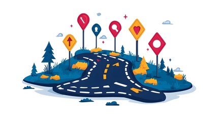 Poster - Detailed Road Journey Plan with Signposts and Directional Arrows Guidance and Navigation for Travel and Transportation