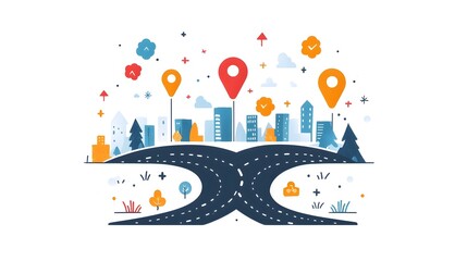 Poster - depicting a globe or world map with road paths and directional arrows visualizing the concept of global planning guidance and navigation on an isolated white background
