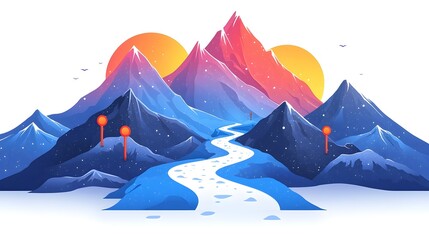 Poster - Flat design of a mountain path with guideposts or signposts symbolizing a clear plan and guidance for a journey or expedition  The minimalist clean white background highlights the scenic