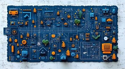 Poster - of a blueprint transitioning into a roadmap symbolizing the strategic planning process for business growth development and achieving success  Flat design concept with a minimalist